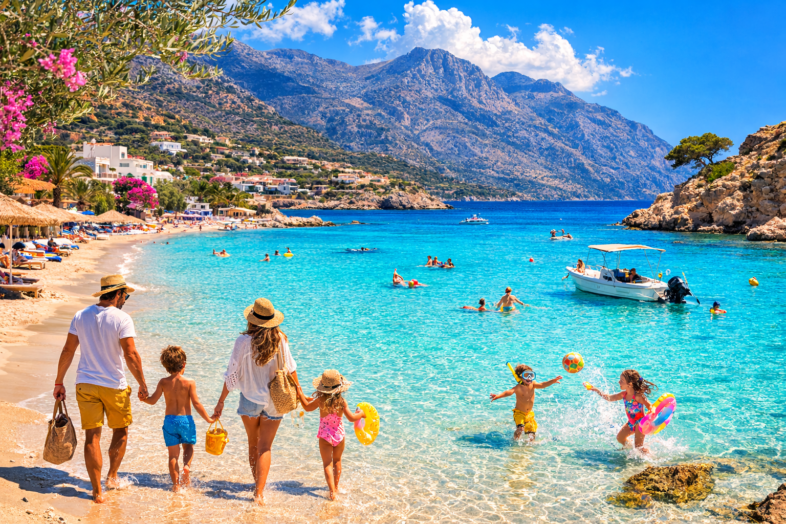 Famille sur une plage de Crète avec eau cristalline