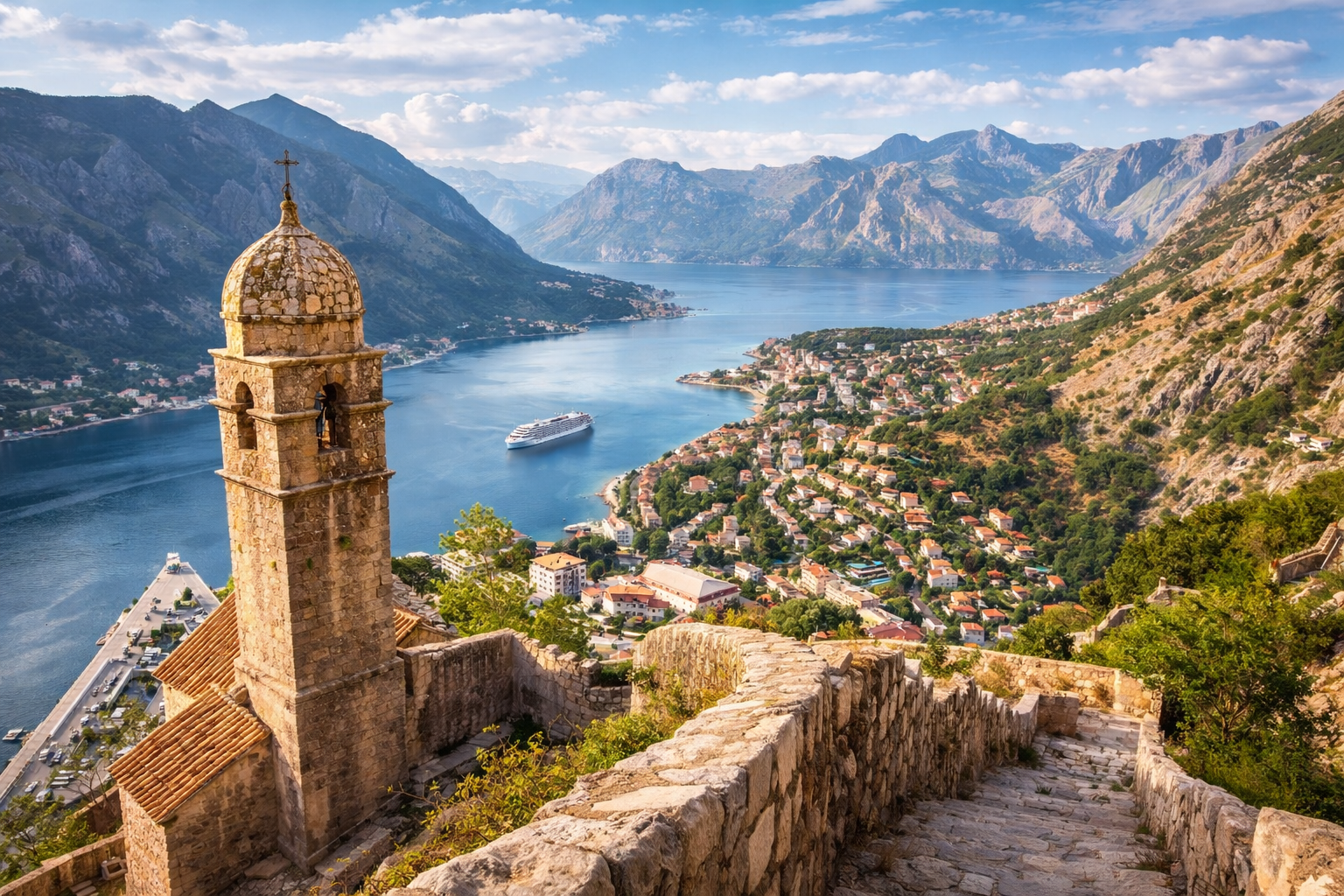Vue sur la baie de Kotor au Monténégro depuis les remparts vénitiens