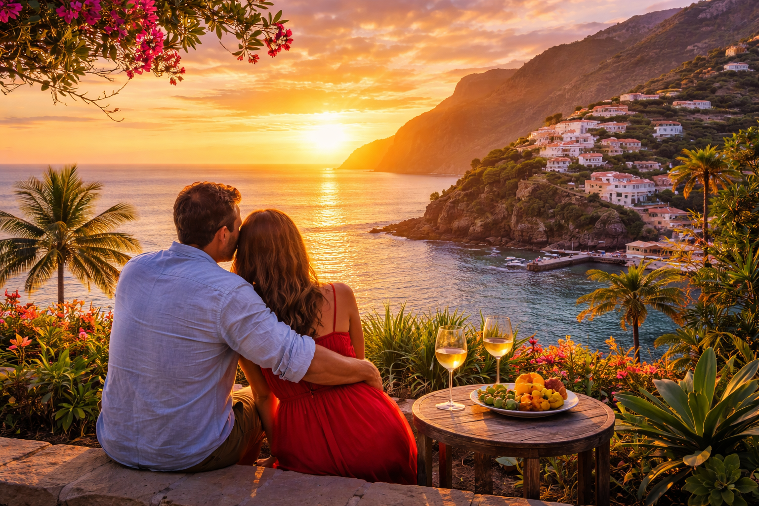 Couple au coucher du soleil à Madère avec vue sur l'océan Atlantique